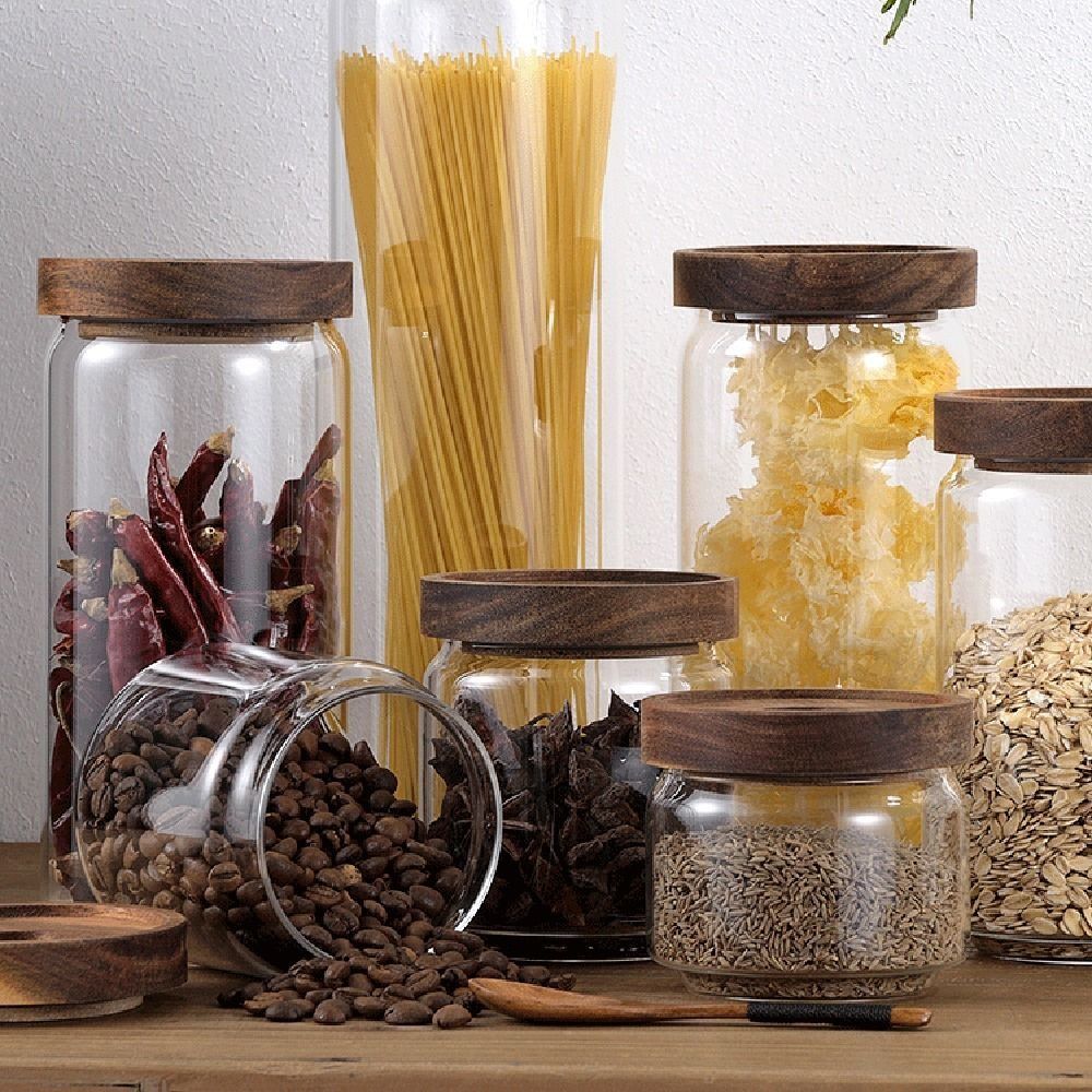 Food Storage Glass Round - برطمان زجاجي متعدد الاستخدامات بغطاء خشبي