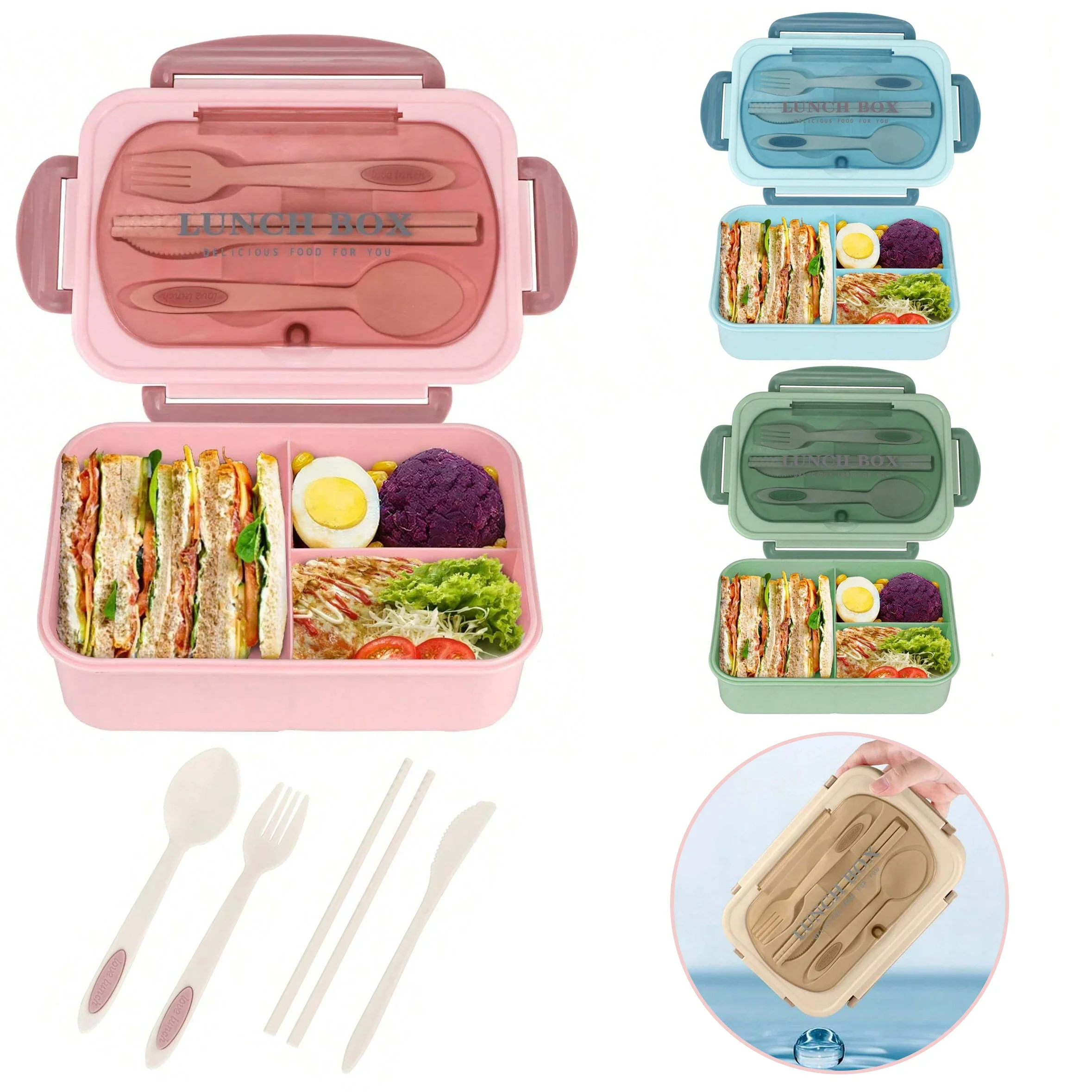 Food Storage Safety - صندوق بنتو للبالغين بثلاثة أقسام، حاوية